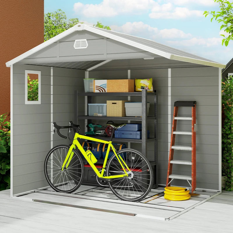 8' x 6' Plastic Garden Storage Shed with Latch Door, Vents, Sloped Roof, Light Grey