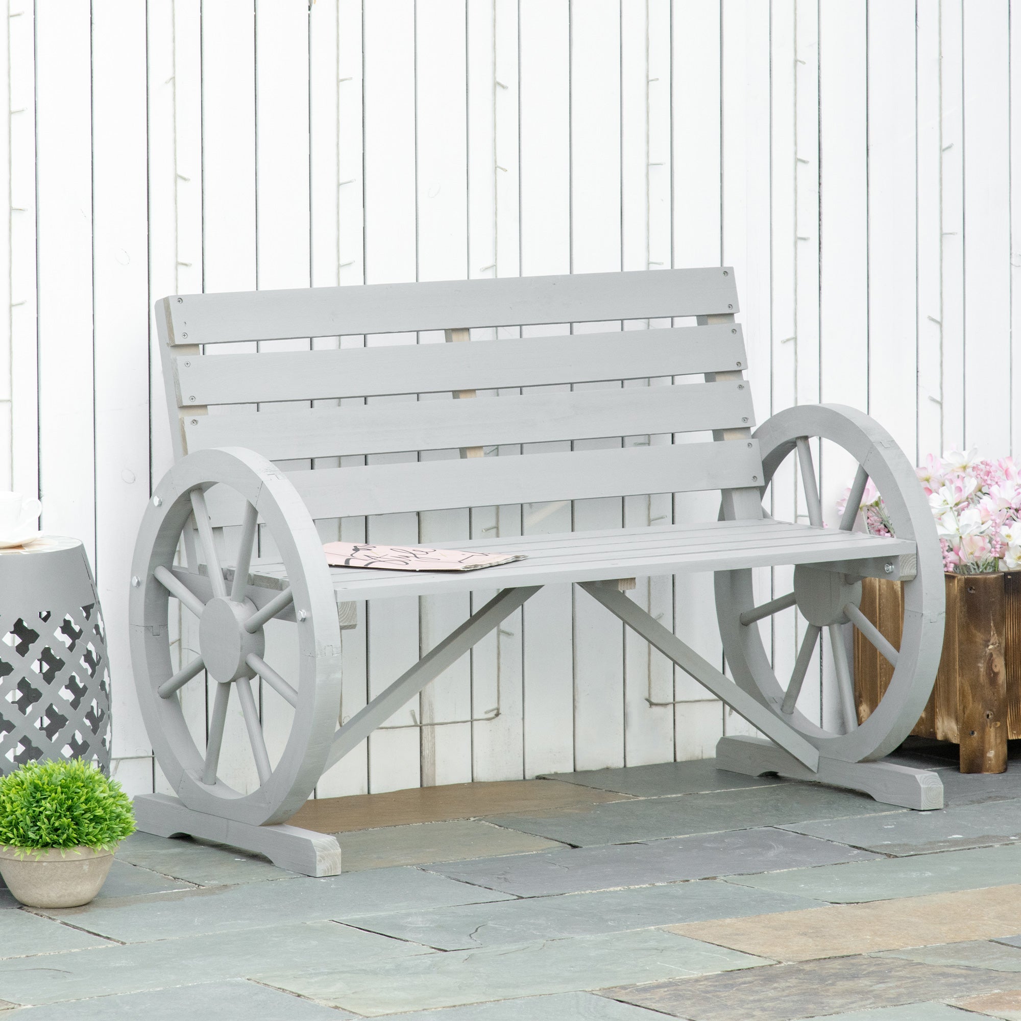 Outsunny 42" Wood Wagon Wheel Bench Rustic Garden Loveseat Outdoor Lounge Chair Grey