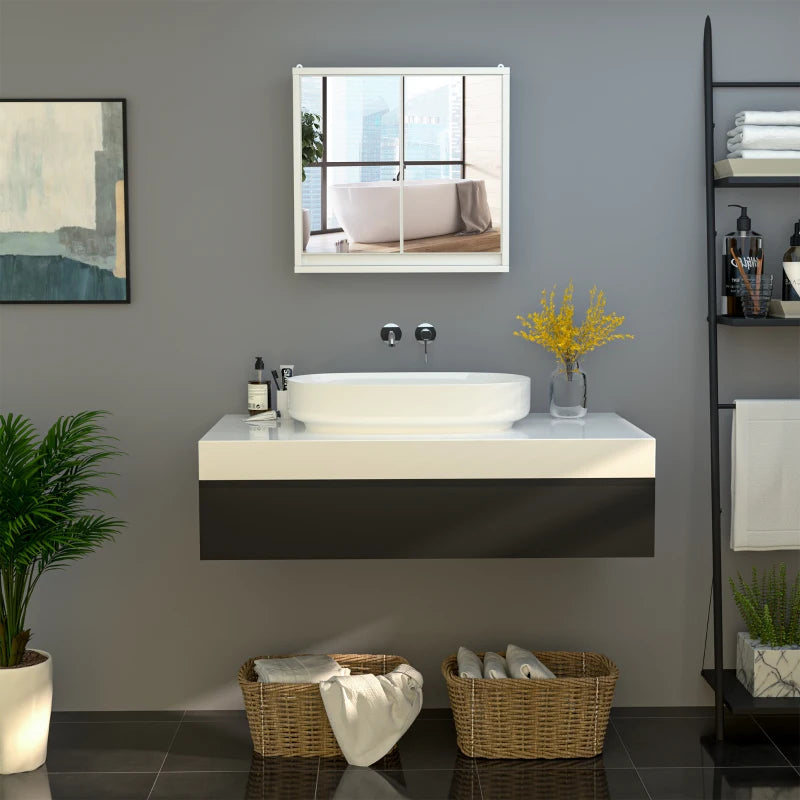 Wall Mounted Bathroom Medicine Cabinet Mirrored Cabinet with Hinged Door 2-Tier Storage Shelves White