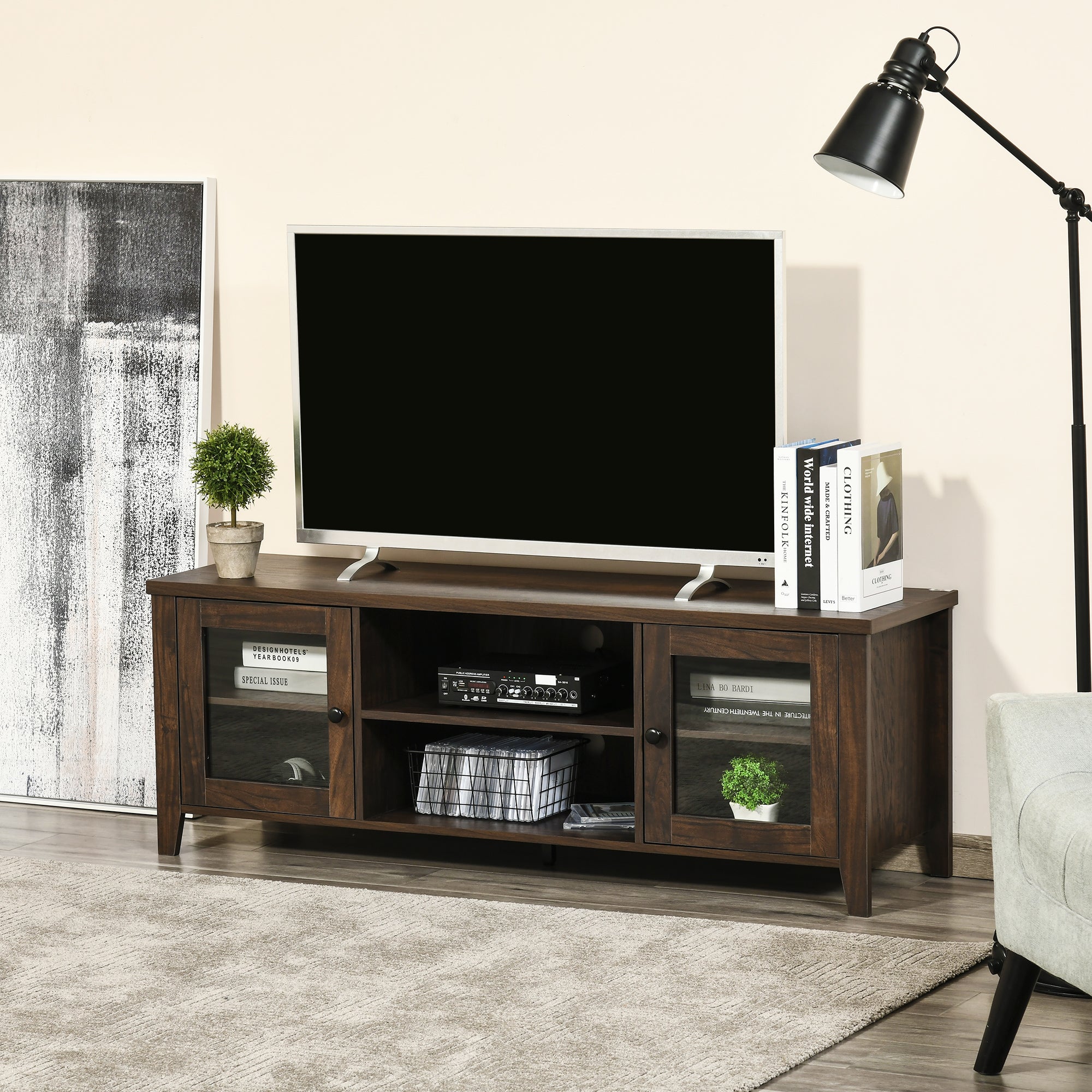 HOMCOM TV Stand: Modern, For TVs up to 60", Wood Console, Storage Doors, Entertainment Center, Coffee