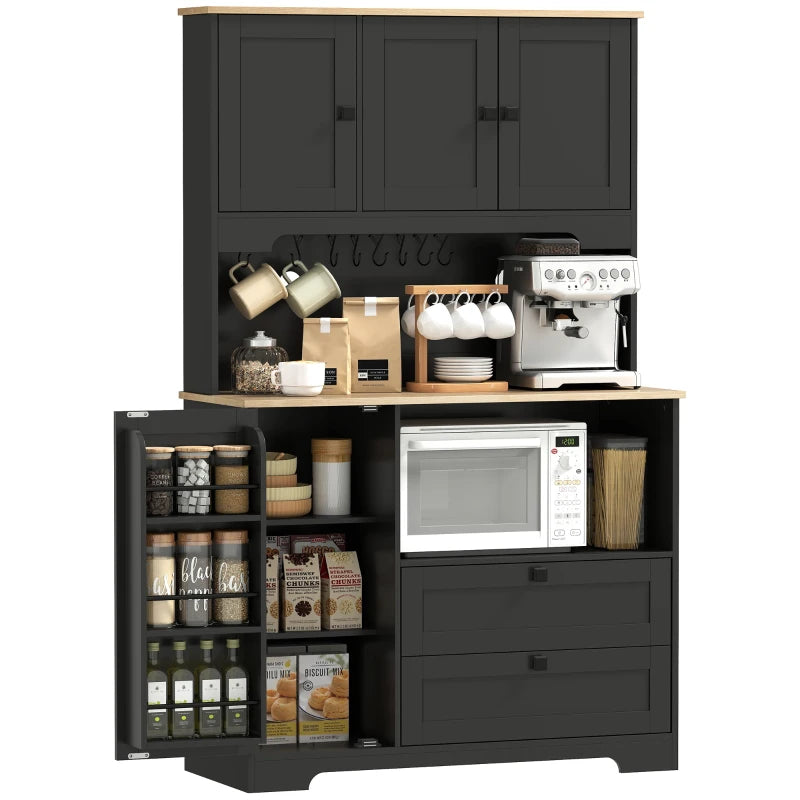 Kitchen Pantry Cabinet, 64" Tall Kitchen Hutch with 3 Cabinets, 2 Drawers, Adjustable Shelves, Microwave Stand, Black