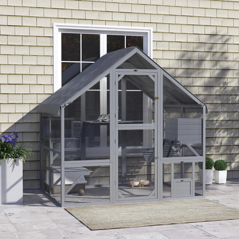 Large Catio Outdoor with Waterproof Cover, 2 Resting Boxes, 4 Platforms, Bridge, for 2-4 Kittens, Grey