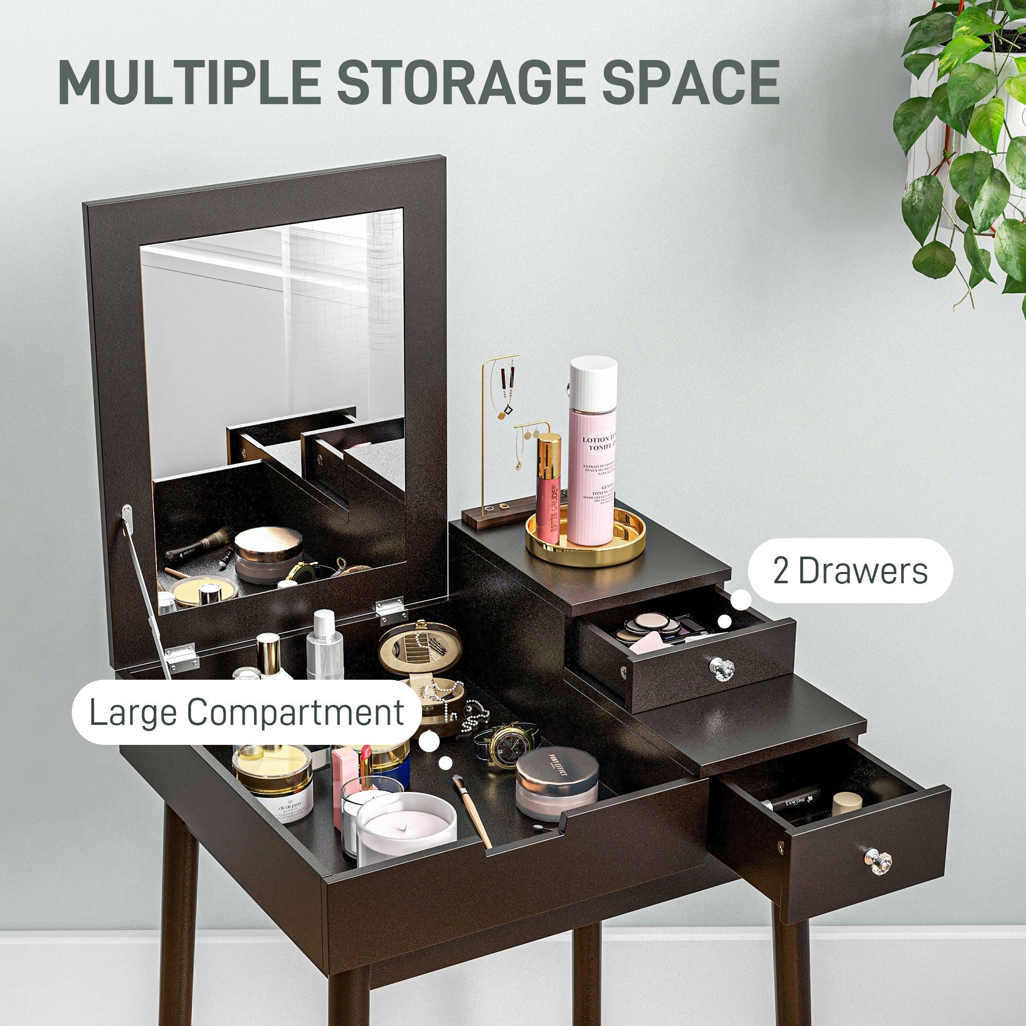 HOMCOM Makeup Vanity Table with Flip-up Mirror, Modern Dressing Table with 2 Drawers for Bedroom, Black