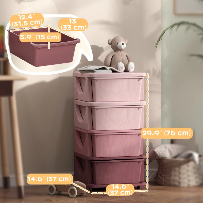 Qaba 4 Tier Kids Toy Organizer and Storage Bins with 4 Plastic Drawers, Pink