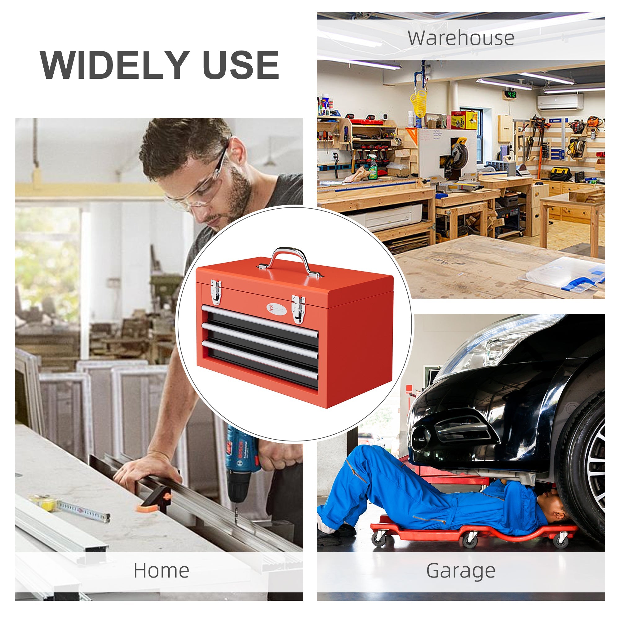 DURHAND Portable Toolbox Perfection: 3 Drawer Tool Chest with Metal Latch for Garage, Household, Warehouse, Red Finish
