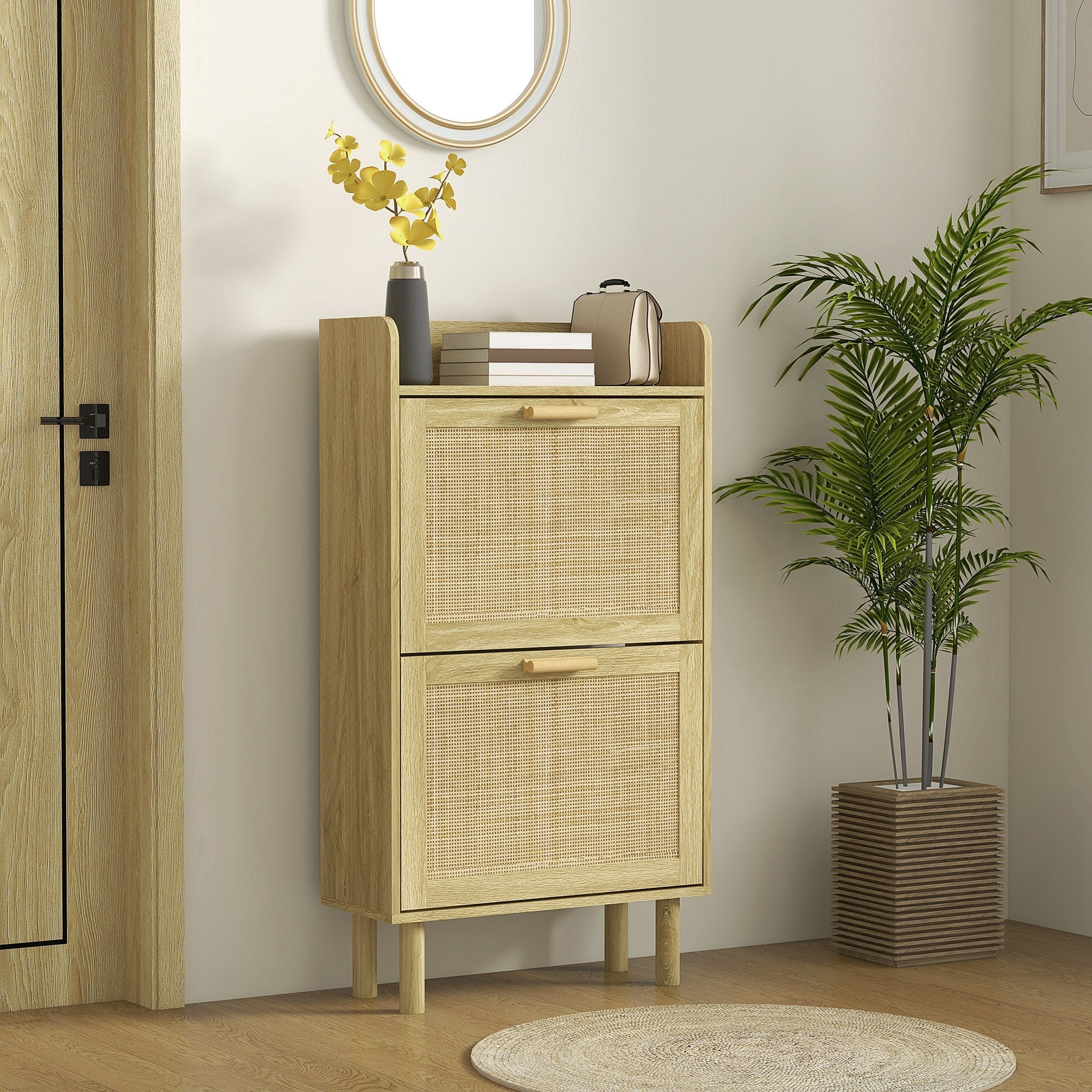 HOMCOM Slim Shoe Storage 2 Flip Drawers Adjustable Shelves Rattan Shoe Organizer 12 Pairs Oak Space Saving