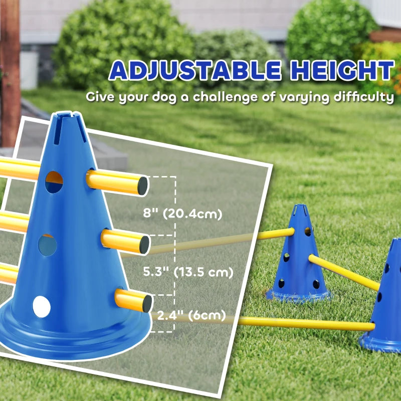 Dog Agility Hurdle Cone Set, Adjustable Obstacle Course Equipment with 6 Cones & 6 Poles, Carry Bag, Blue