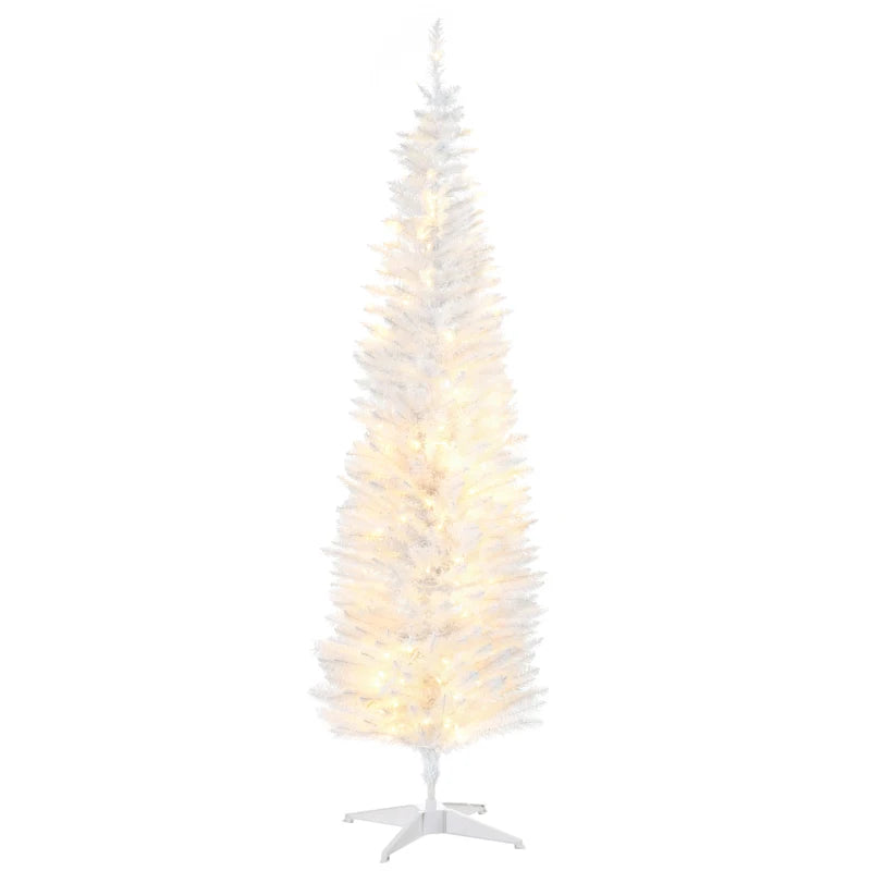 6' Pre Lit Artificial Pencil Christmas Trees, Xmas Tree with Realistic Branches and Warm White LED Lights, White
