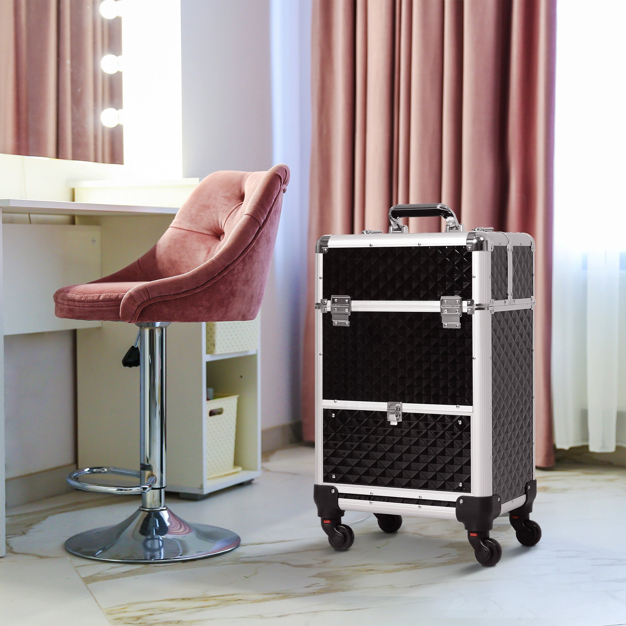 HOMCOM Portable Aluminum Makeup Train Case Rolling Cosmetic Organizer Trolley Salon Beauty Black with 4 Wheels