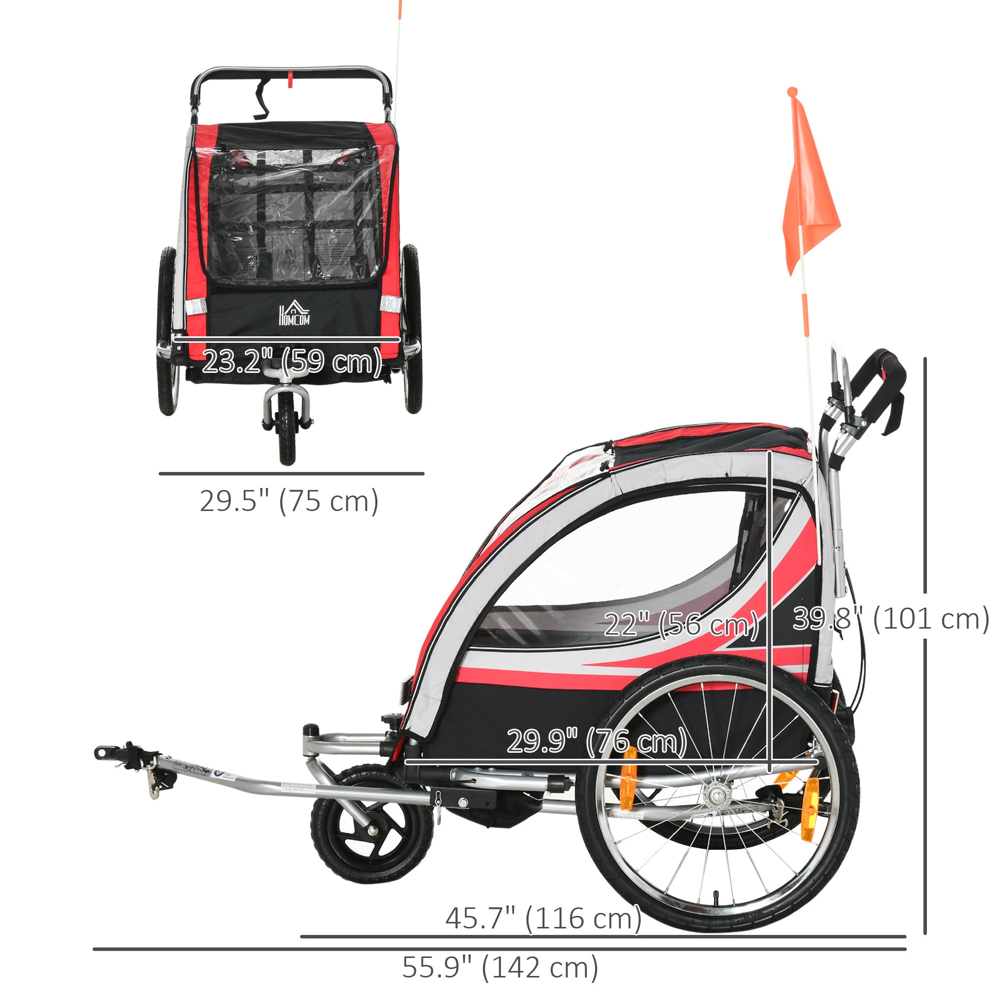 Aosom 2-in-1 Child Bike Trailer & Stroller, Safety Brake, Storage, Reflective, Red, 5-Point Harness