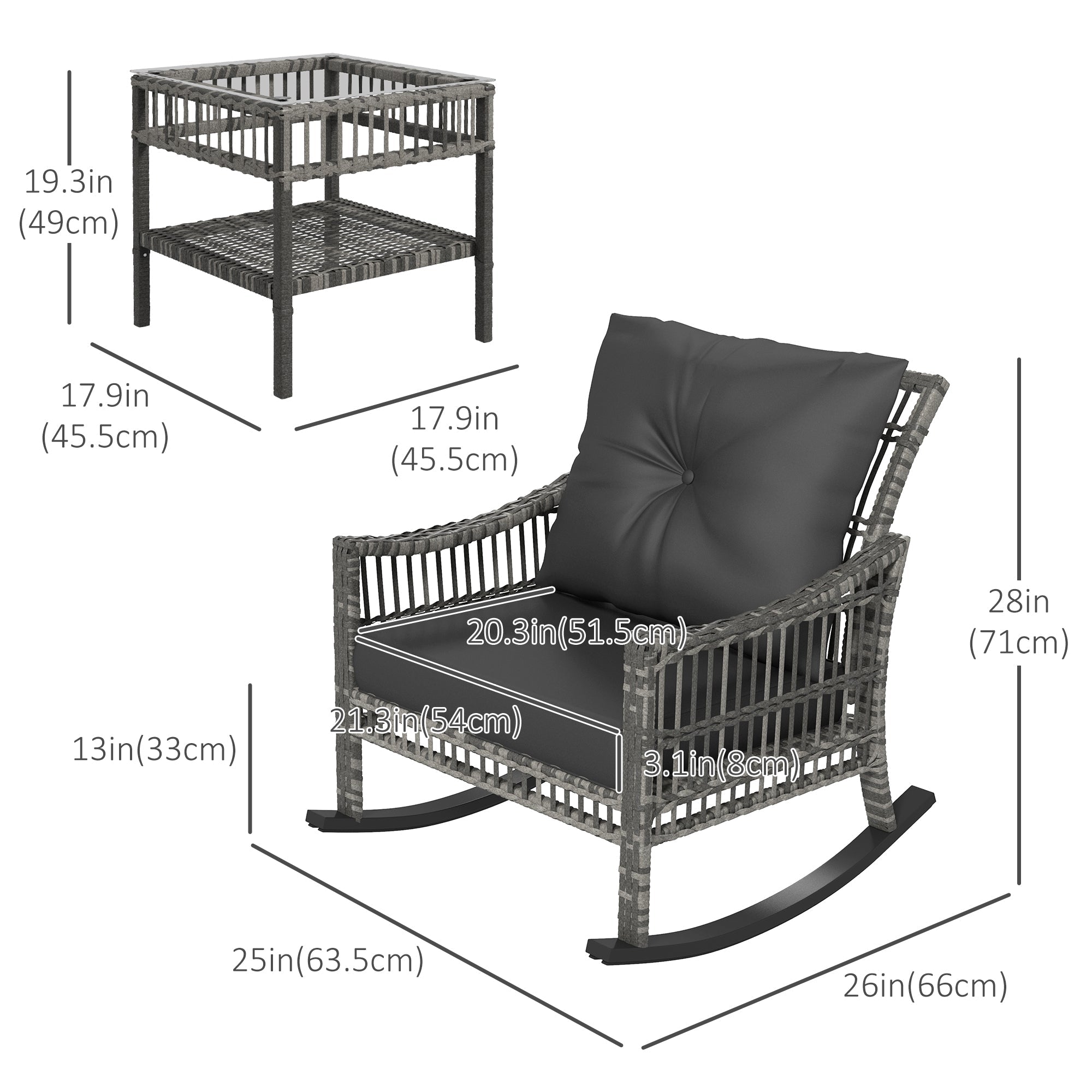 Outsunny Rocker Chair Set 3PC Outdoor PE Rattan Rocking Chair with Tempered Glass Table Top Mixed Grey