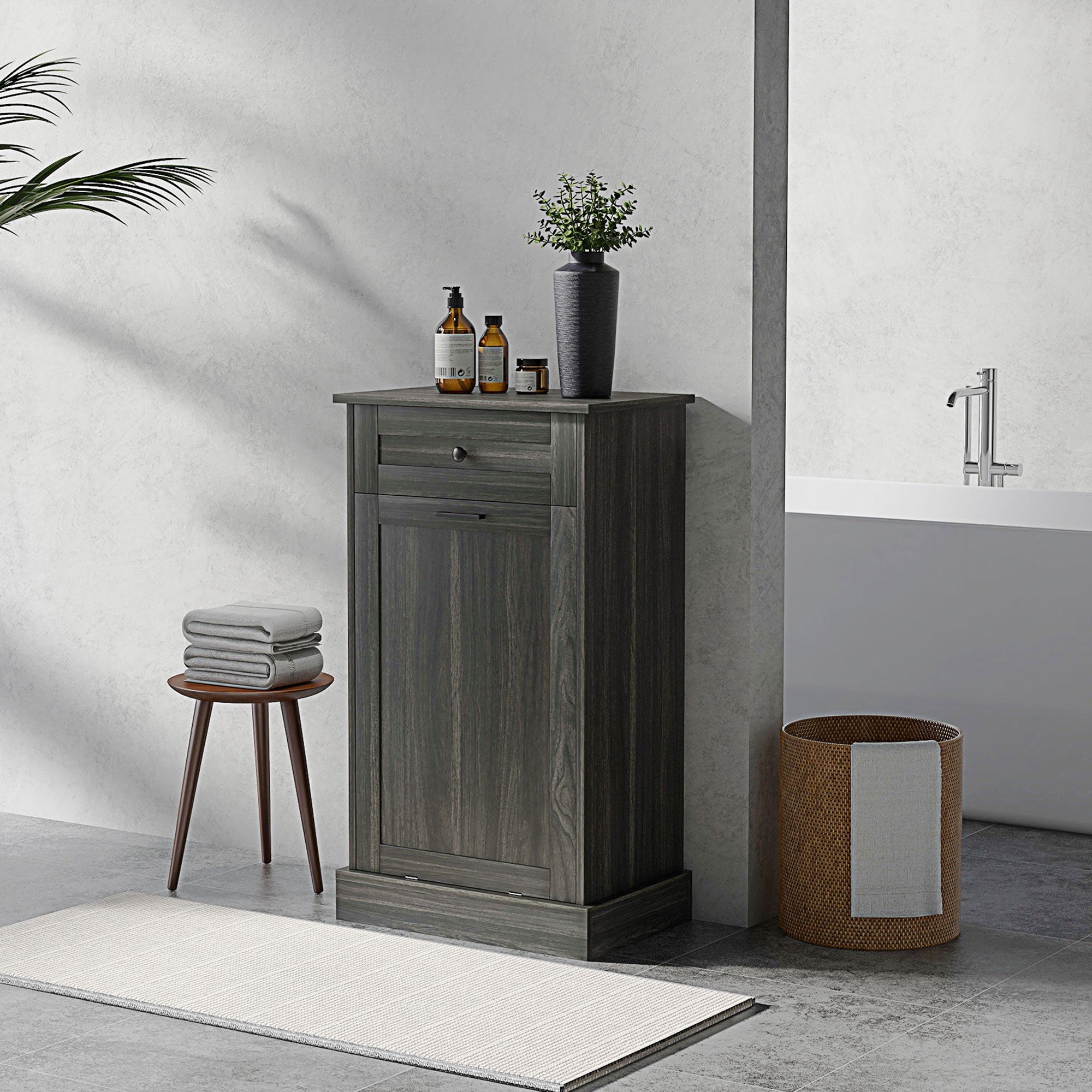 HOMCOM Kitchen Tilt Out Trash Bin Cabinet, Free Standing Recycling Cabinet, Trash Can Holder with Drawer, Charcoal Grey