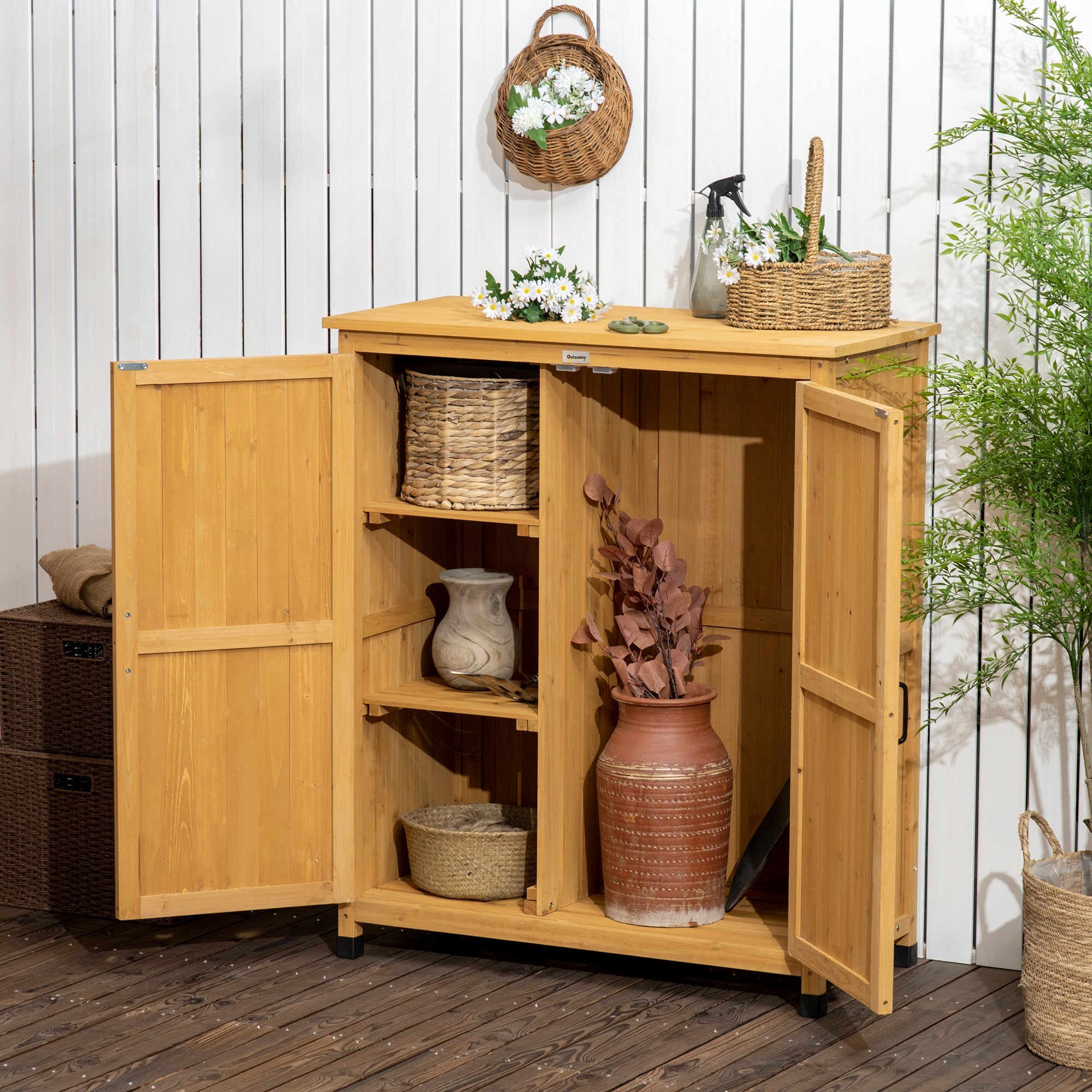 Outsunny Outdoor Storage Cabinet Potting Table Wooden Gardening Bench with Patio Cabinet Magnetic Doors