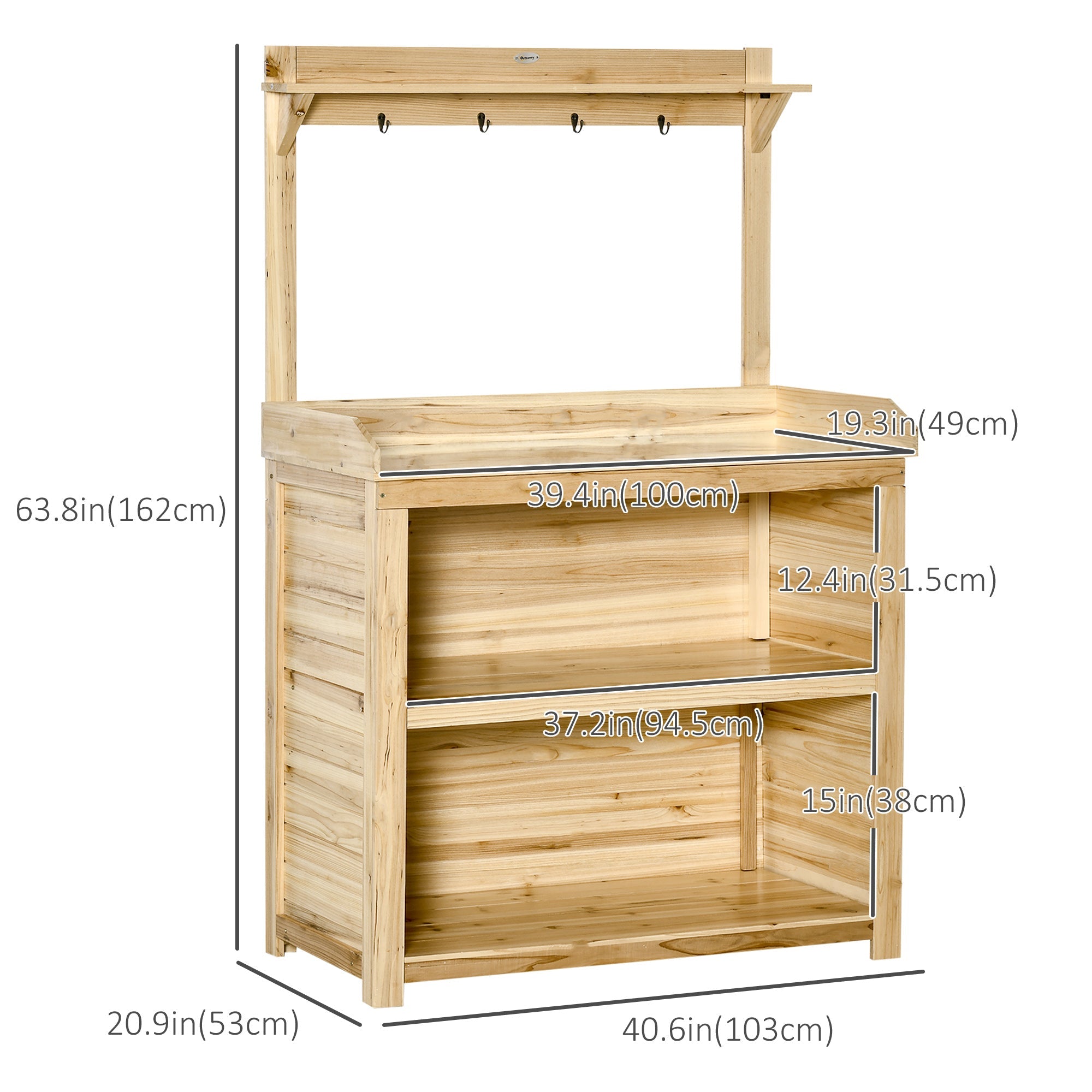 Outsunny Garden Potting Bench Table, Wooden Workstation Bench w/ Galvanized Metal Tabletop, Storage Shelves and Hooks