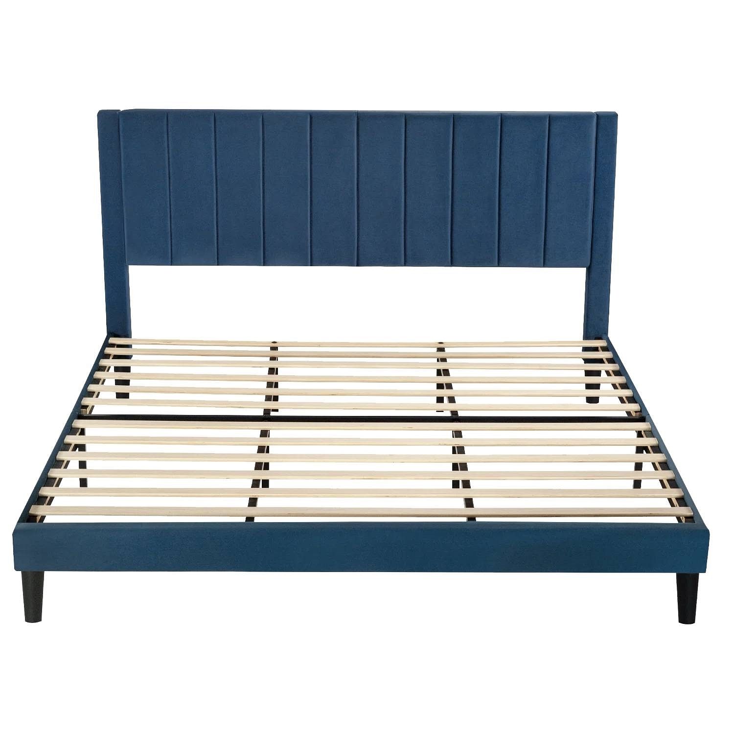 King size Modern Navy Blue Velvet Upholstered Platform Bed with Headboard - Free Shipping