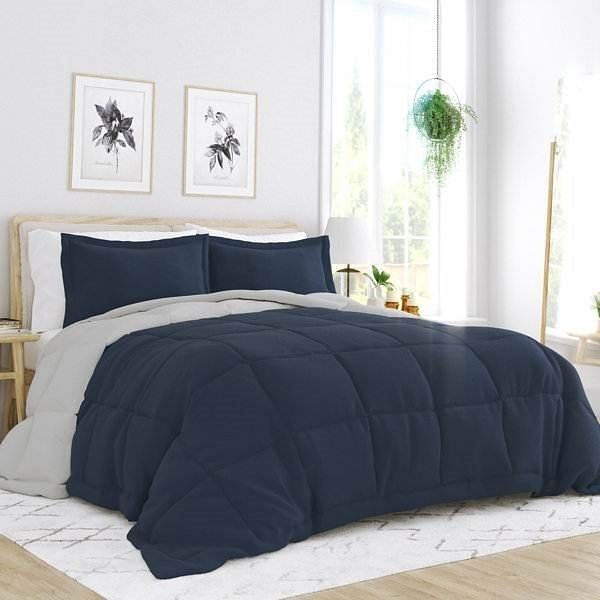 King/Cal King 3-Piece Microfiber Reversible Comforter Set in Navy/Grey - Free Shipping
