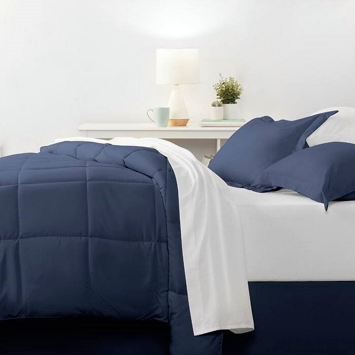 Queen Navy Microfiber Baffle-Box 6-Piece Reversible Bed-in-a-Bag Comforter Set - Free Shipping