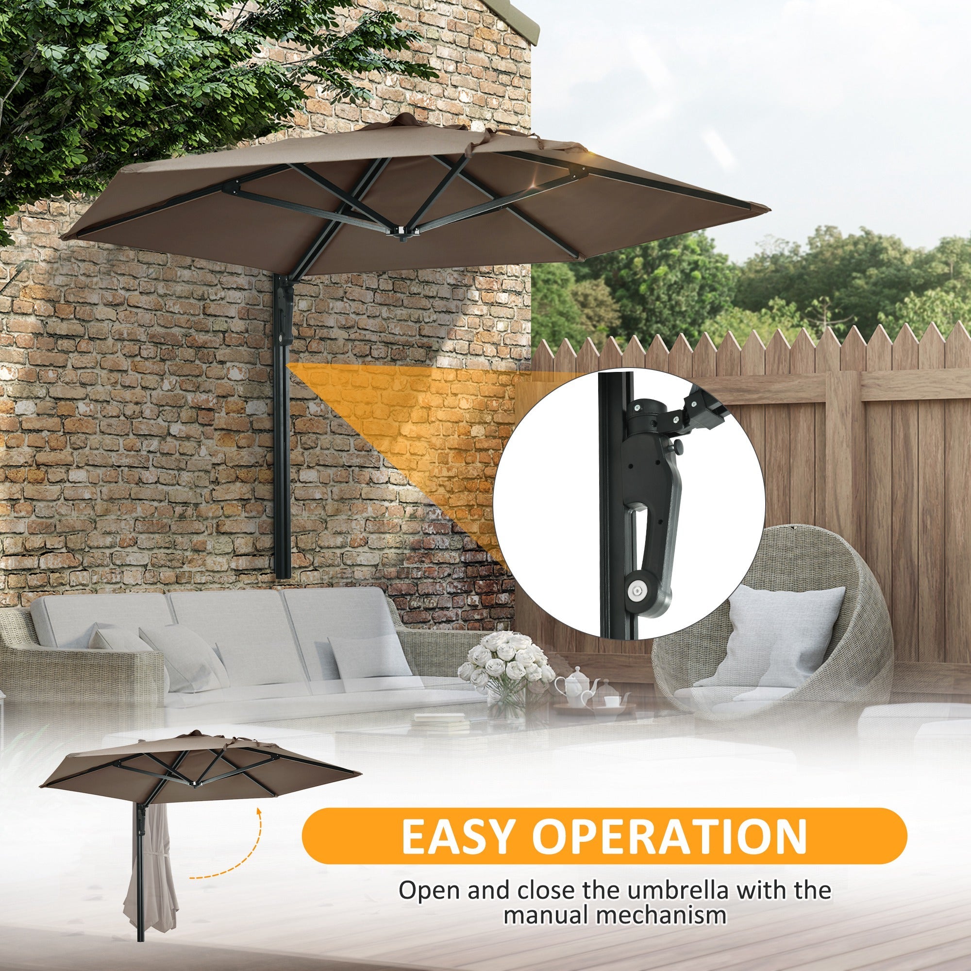 Outsunny Wall Mounted Umbrella 8FT with 180° Rotatable Canopy Outdoor Patio Parasol Khaki