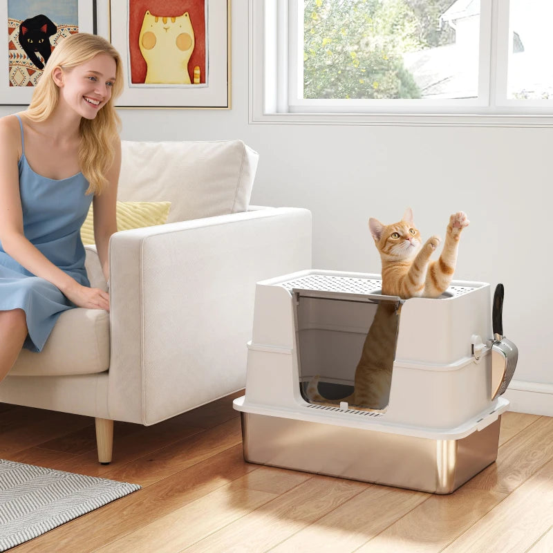 XL Stainless Steel Litter Box w/ 100° Flip Top, Scoop, Side Top Dual Entry, Odor Free, Easy Cleaning, Anti Leakage
