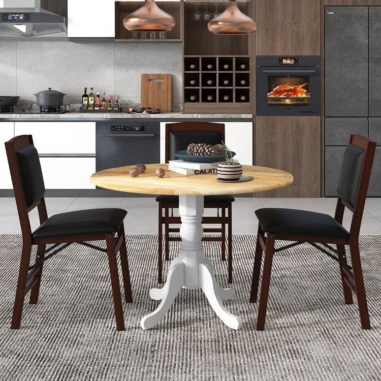 Round 40-inch Solid Wood Kitchen Dining Table with White Legs and Natural Top - Free Shipping