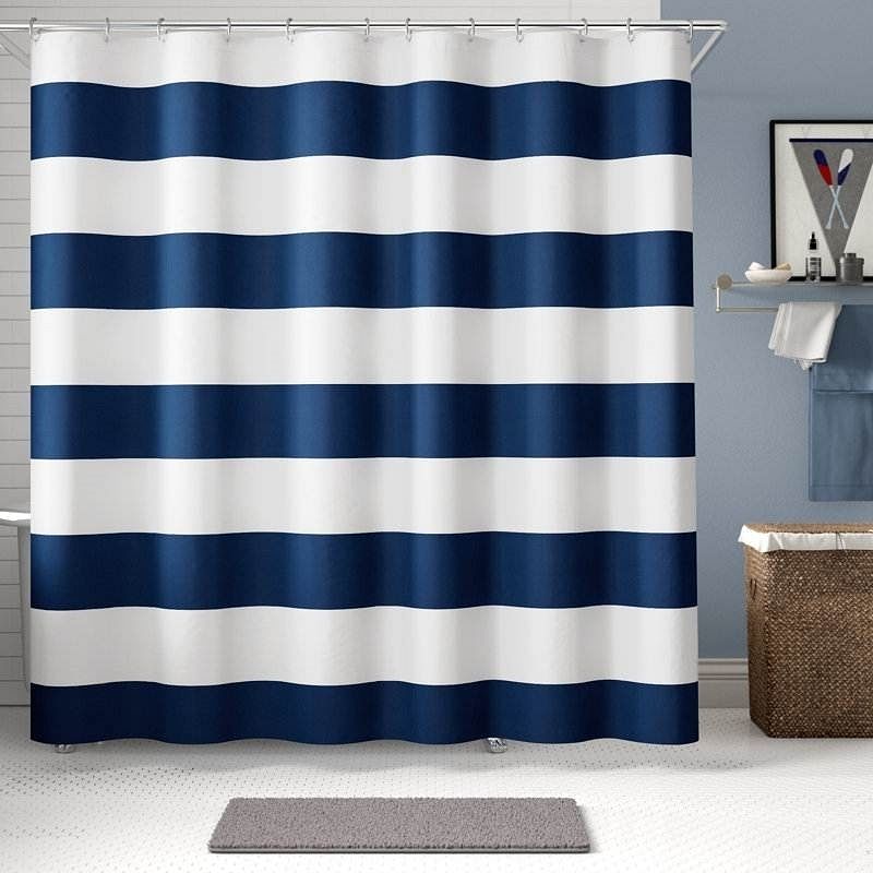 72 x 70 inch Polyester Navy Blue White Nautical Ocean Striped Shower Curtain - Free Shipping