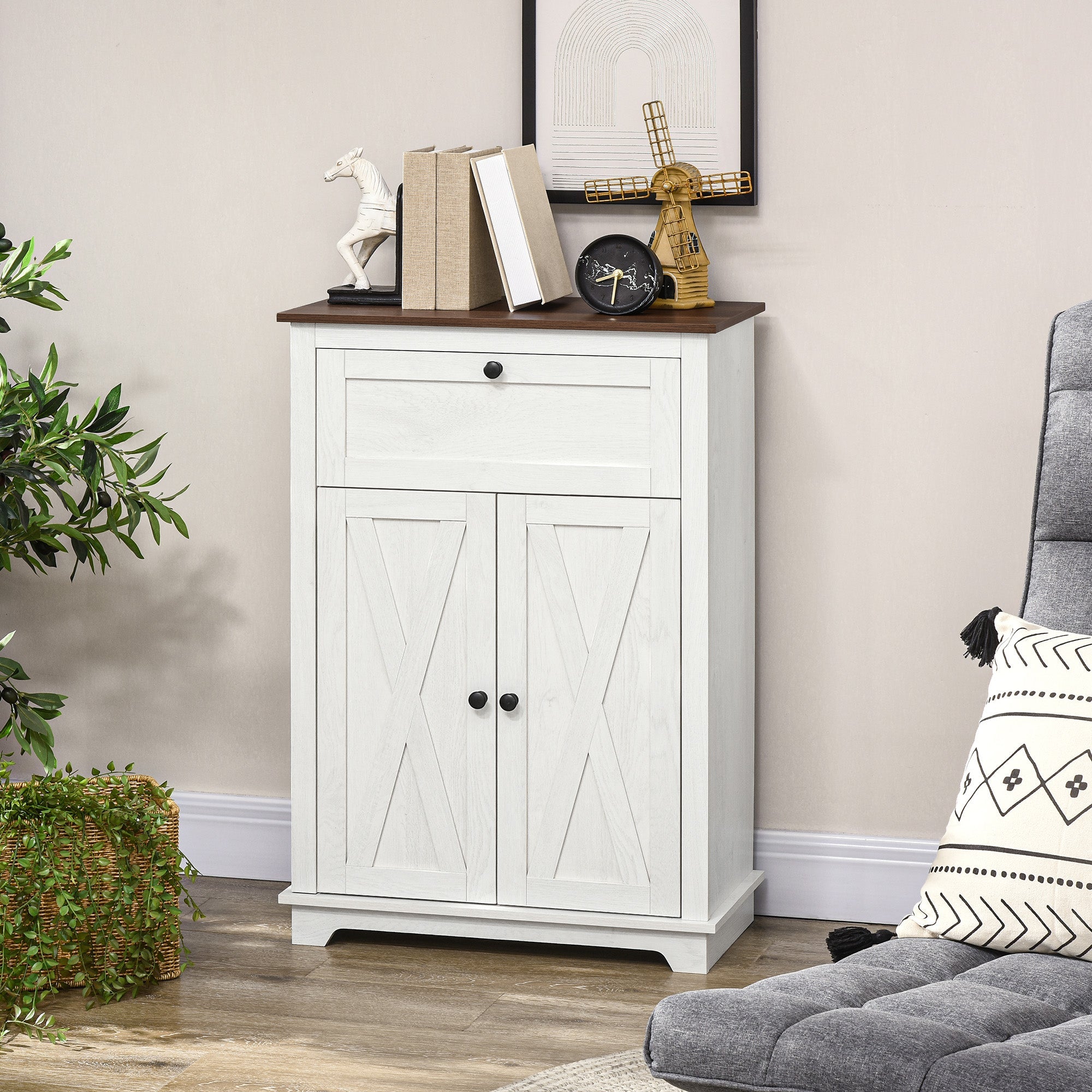 HOMCOM Compact White Farmhouse Cabinet: 23.6" Sideboard with Doors & Drawer for Space-Saving Kitchen & Living Room Organization