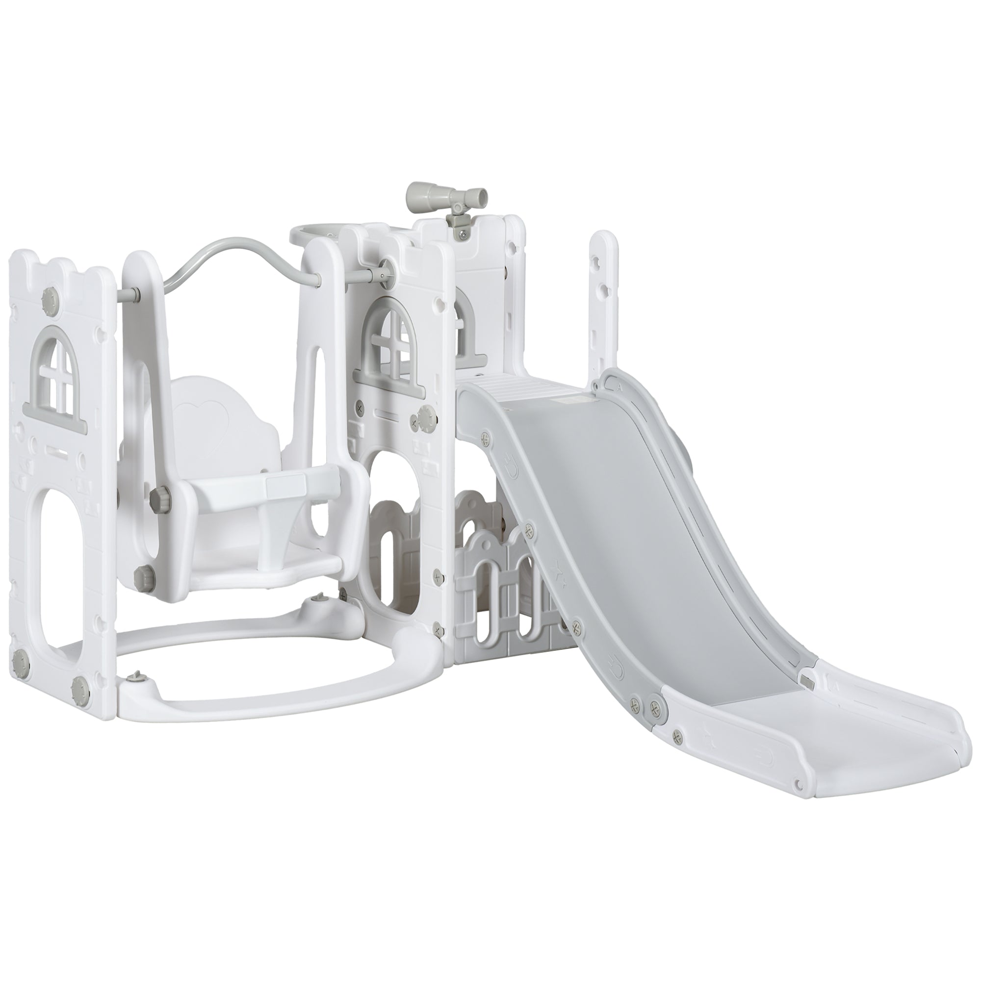 Qaba 6-in-1 Slide and Swing Set Baby Swing Playset Indoor with Basketball Hoop, Climber, Storage Space, Telescope, Grey