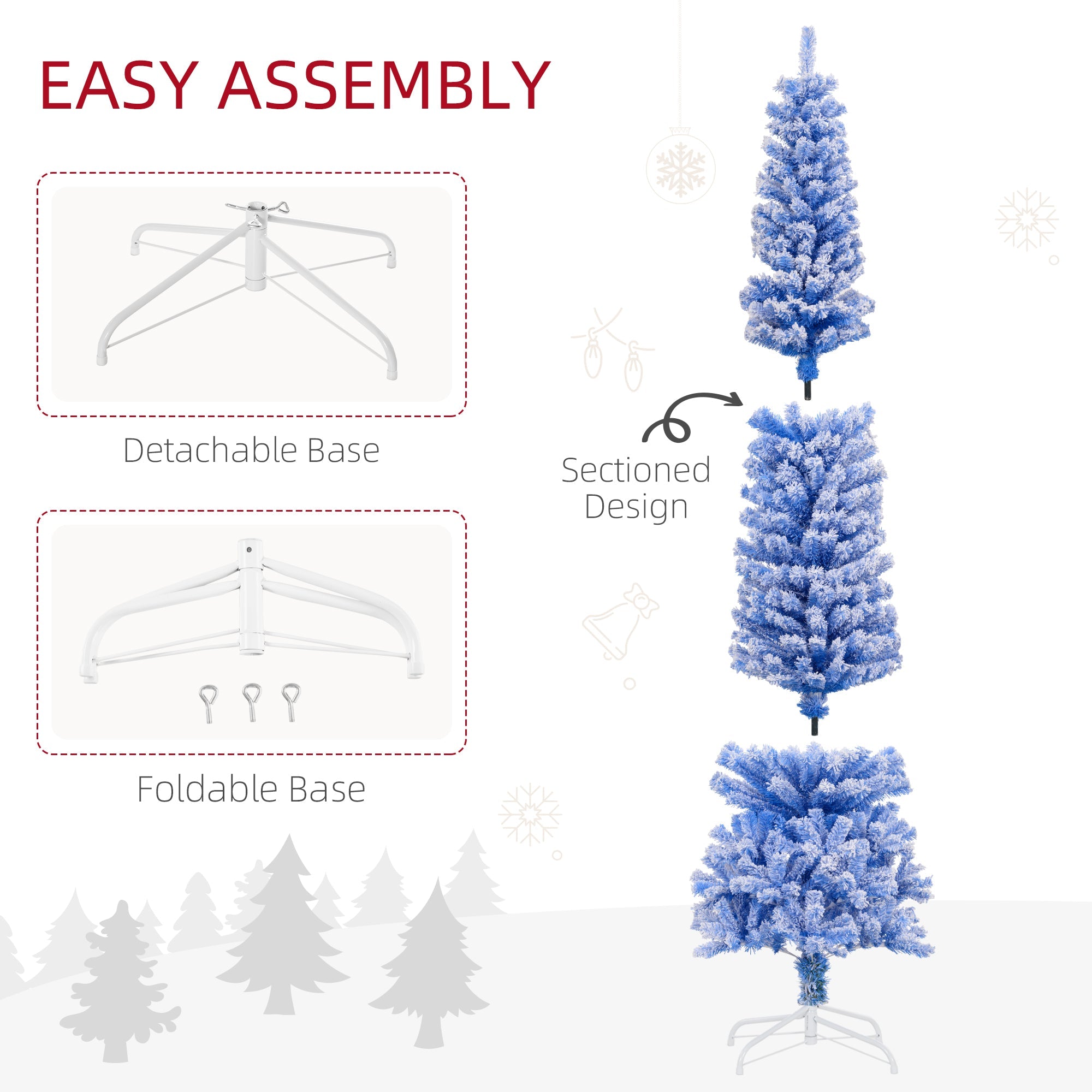 HOMCOM 7.5ft Flocked Christmas Tree, Pencil Christmas Tree with Realistic Branch Tips, Folding Metal Stand, Blue