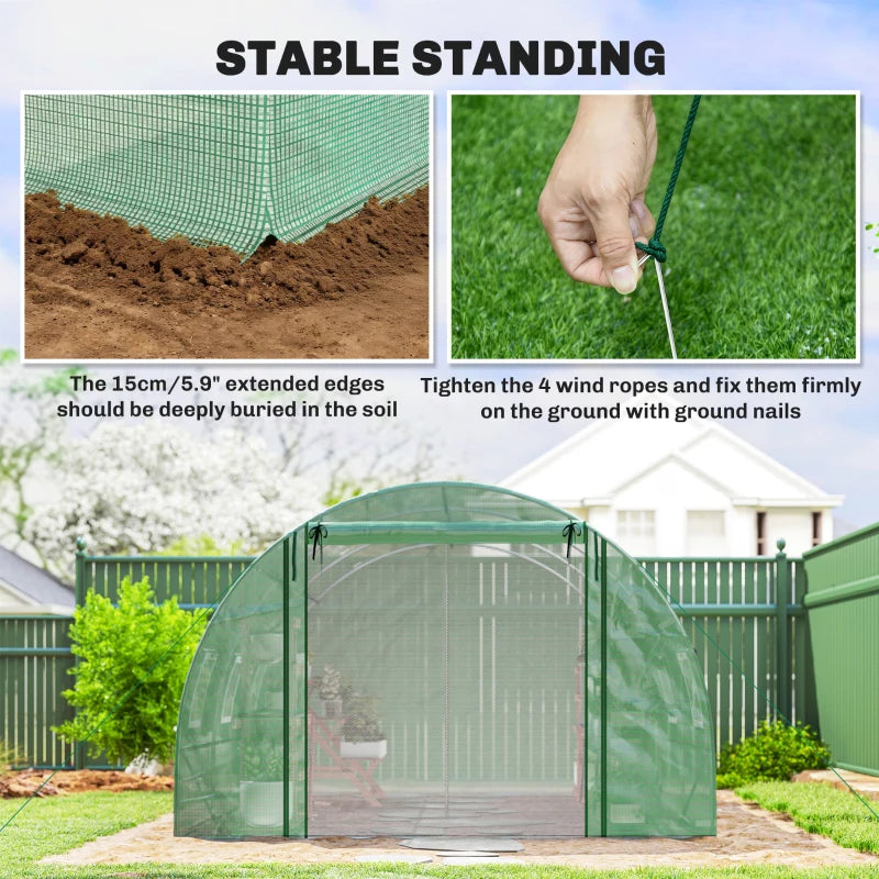 Walk-in Tunnel Greenhouse, Plant Hot House w/ Support Rods, Roll-up Mesh Door, Mesh Windows, 13'x9.8'x6.6', Green