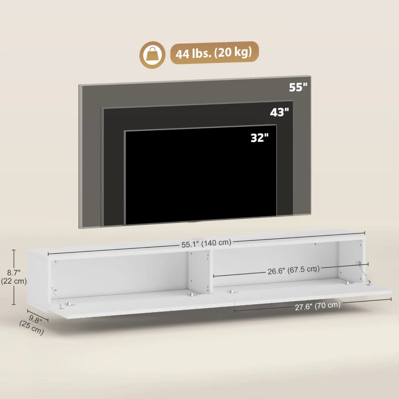 55" Floating TV Stand for TVs up to 72 Inch, Wall Mount Media Console with 2 Fluted Flip-Down Doors, Cable Hole, White