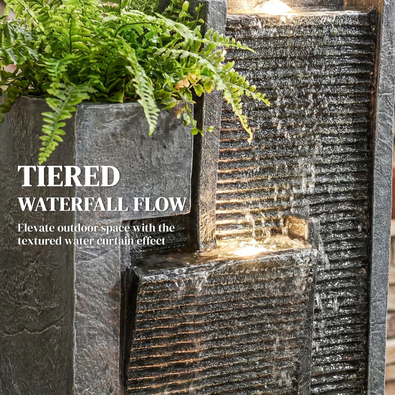 Outdoor Water Fountain with LED Lights and Planter, 3-Tier Modern Cascading Waterfall Feature with Pump, Dark Grey