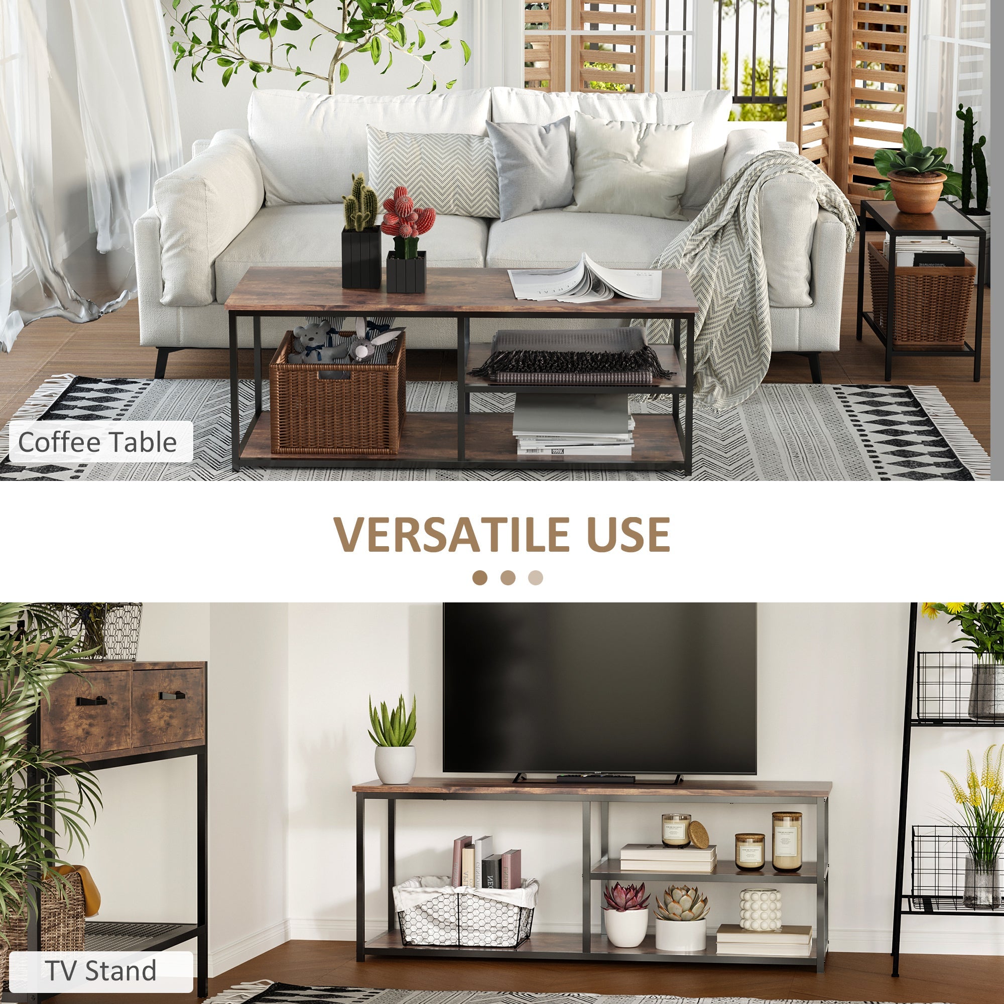 HOMCOM Industrial Chic: TV Stand with Metal Frame, 2 Shelves, and Storage Cabinet, Perfect for Living Room Decor
