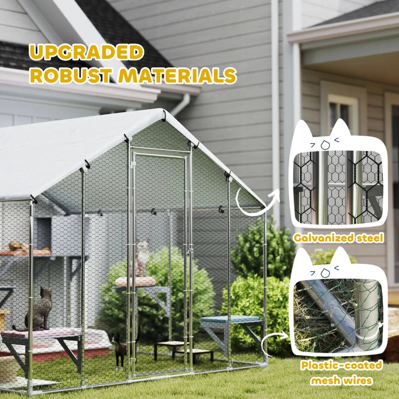 94.5" Extra Large Metal Outdoor Catio with Waterproof Cover, 2 Resting Boxes, 7 Platforms, for Multiple Rabbits, Chicken