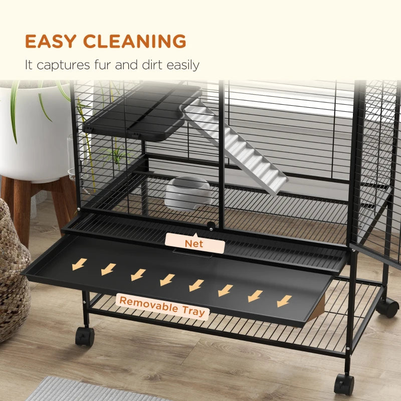 Rolling Small Animal Cage 54"H Chinchilla Cage for Ferrets, Squirrels w/ Removable Tray, Storage Shelf, Black