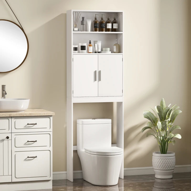 Over The Toilet Storage Cabinet, Freestanding 4-Tier Bathroom Organizer with Adjustable Shelf and 2 Doors, White