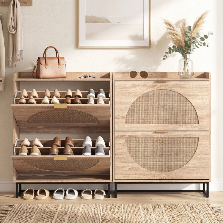 Slim Shoe Storage Cabinet with 2 Flip Drawers, Adjustable Shelves & Faux Rattan Doors