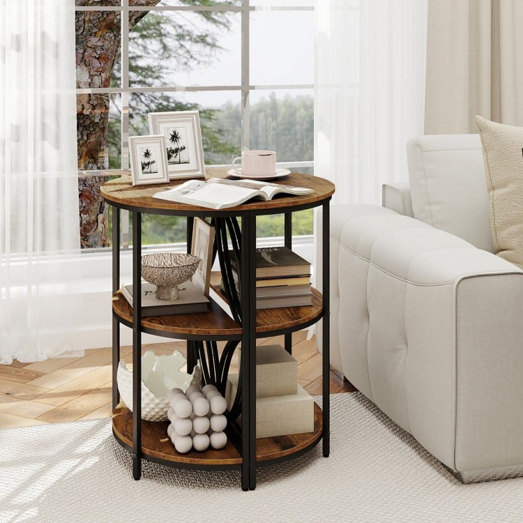 Narrow Side Table with Study Metal Frame and Storage Shelves-Rustic Brown