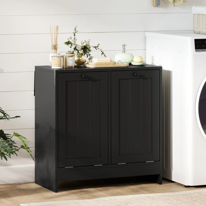 Tilt-Out Laundry Storage Cabinet, Modern Laundry Hamper with 2 Compartments for Bathroom Washroom, Black