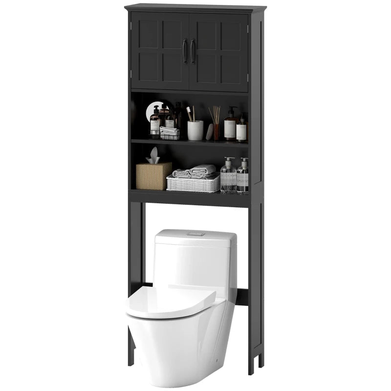 Modern Over The Toilet Storage, Bathroom Cabinets Over Toilet with Open Shelves and Double Door Cabinet, Black
