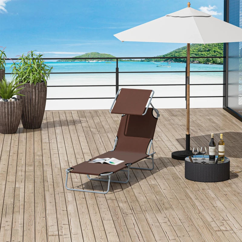 Outdoor Lounge Chair, Adjustable Folding Chaise Lounge, Tanning Chair with Sun Shade for Beach, Camping, Hiking, Backyard, Brown