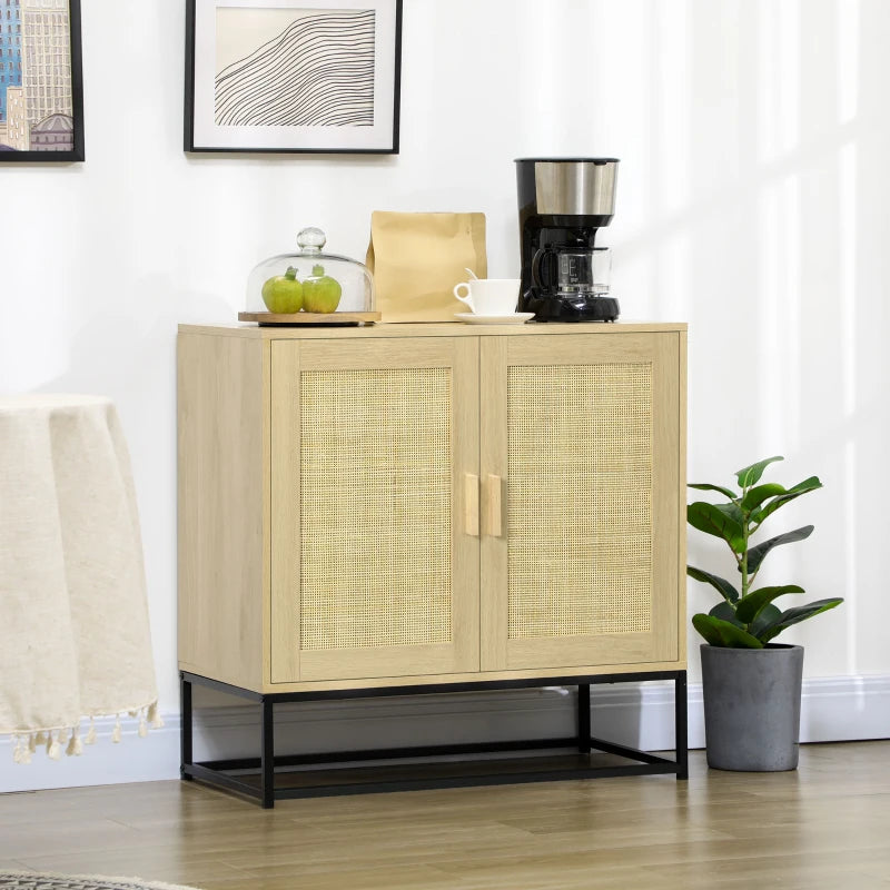 Wood Sideboard Accent Storage Cabinet with 2 Rattan Doors, Adjustable Shelf, and Steel Legs for Living Room Kitchen