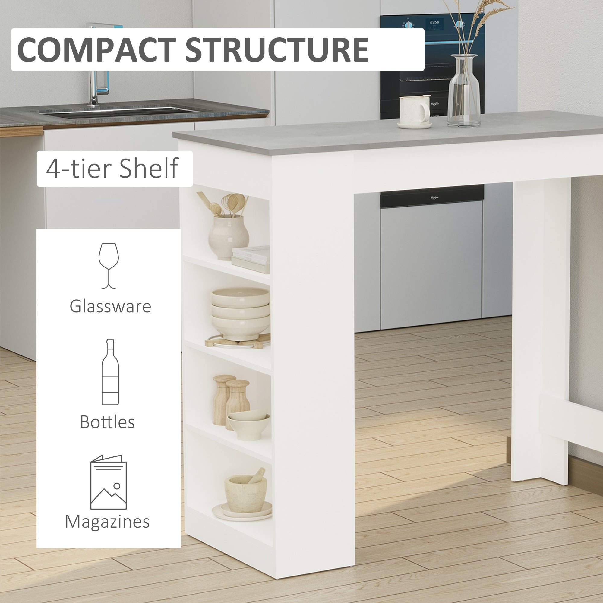 HOMCOM Bar Table High Top Pub Table with 4 Storage Shelves Modern Bar Height Table for Home Bar Kitchen Dining Room Grey
