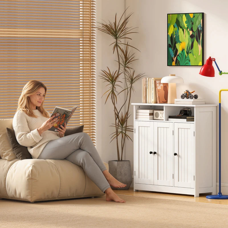 Bathroom Floor Cabinet, Freestanding Bathroom Storage Unit with 3 Doors, 2 Open Shelves and Adjustable Shelf, White