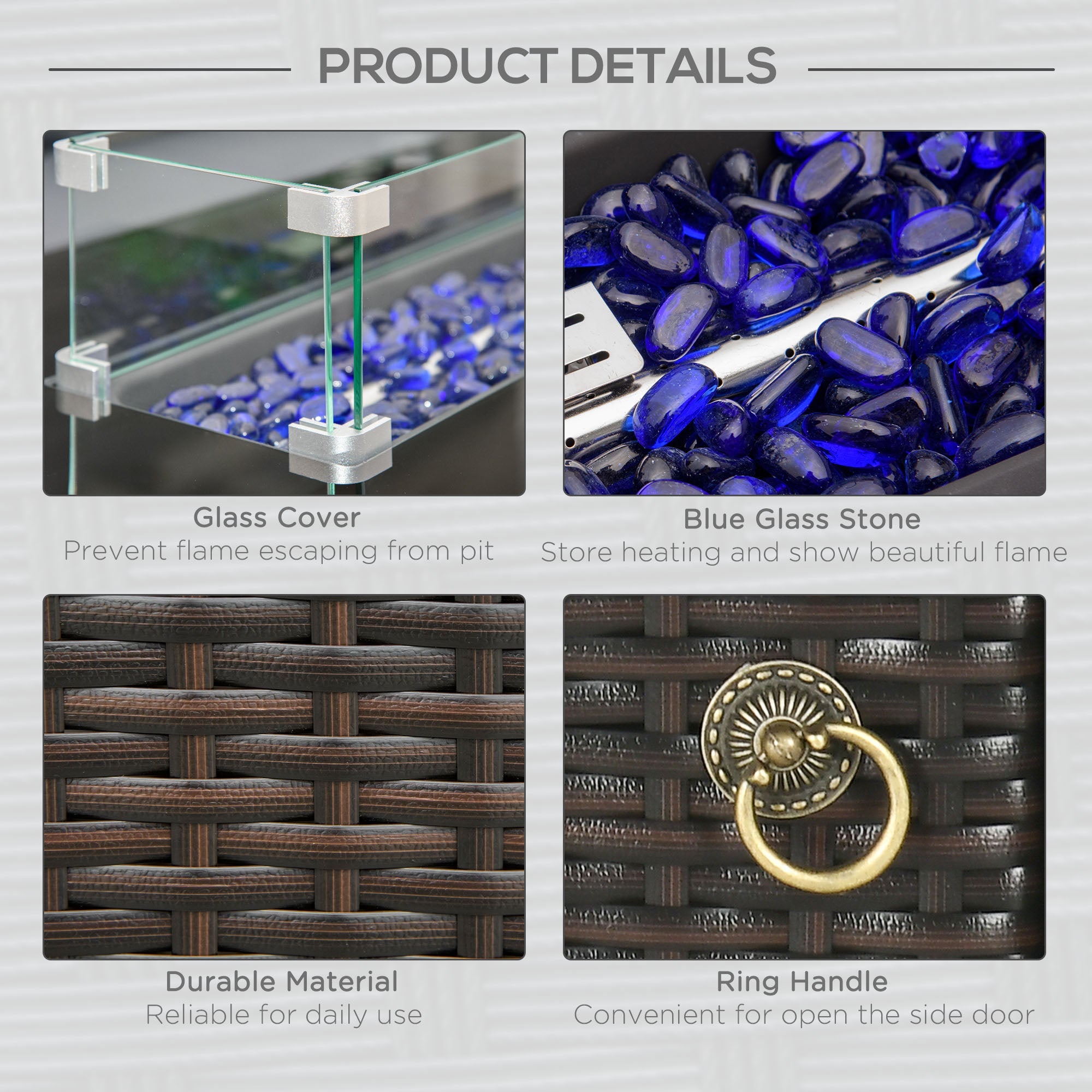 Outsunny Propane Fire Pit Table 43 Inch 50000 BTU Pulse-Ignition Wicker with Glass Wind Guard Blue