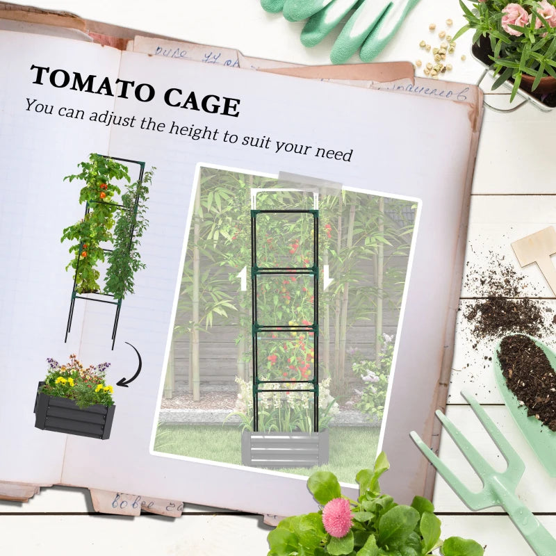 Galvanized Planter Box, Outdoor Raised Garden Bed with 4-Tier Trellis Tomato Cage for Climbing Vines, Vegetables, Grey