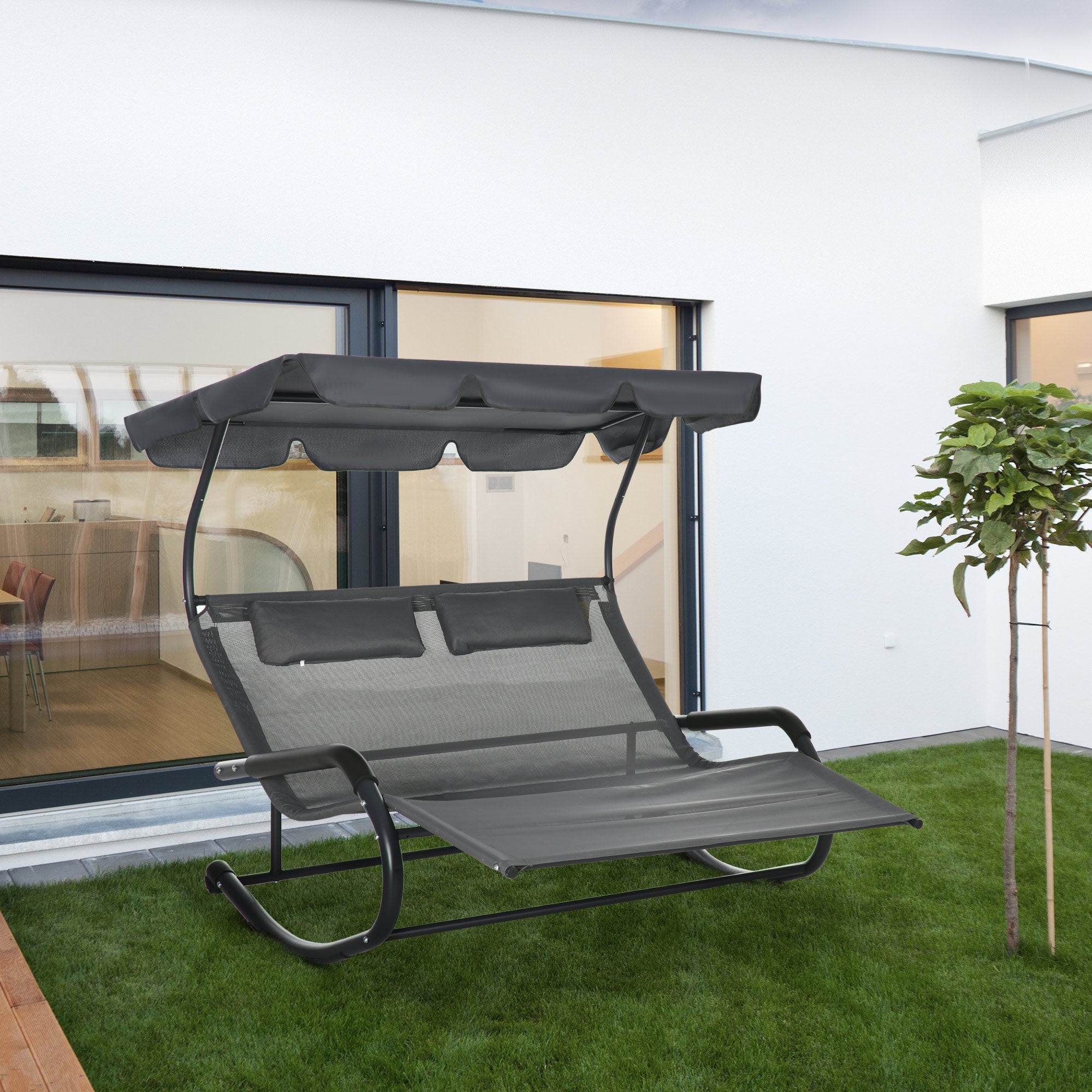 Outsunny Outdoor Double Chaise Lounge Sunbed w Adjustable Canopy Detachable Pillows Wheels Dark Gray