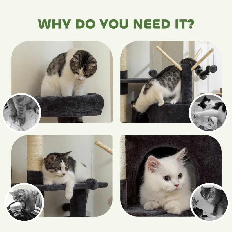 59 Inch Large Cat Tree with Sisal Scratching Posts, Cozy Condo, Top Perch, Ladder and Interactive Balls, Dark Grey