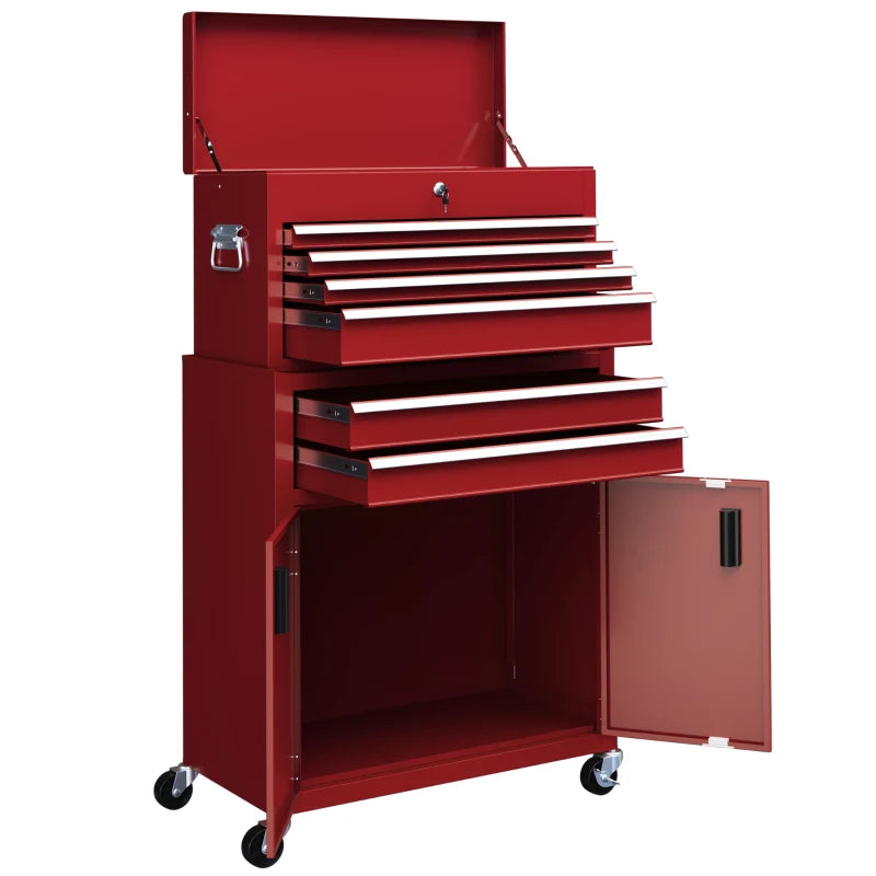 6-Drawer Rolling Tool Chest, 2 in 1 Lockable Storage Cabinet with Hooks, Metal Tool Box for Garage, Workshop, Red
