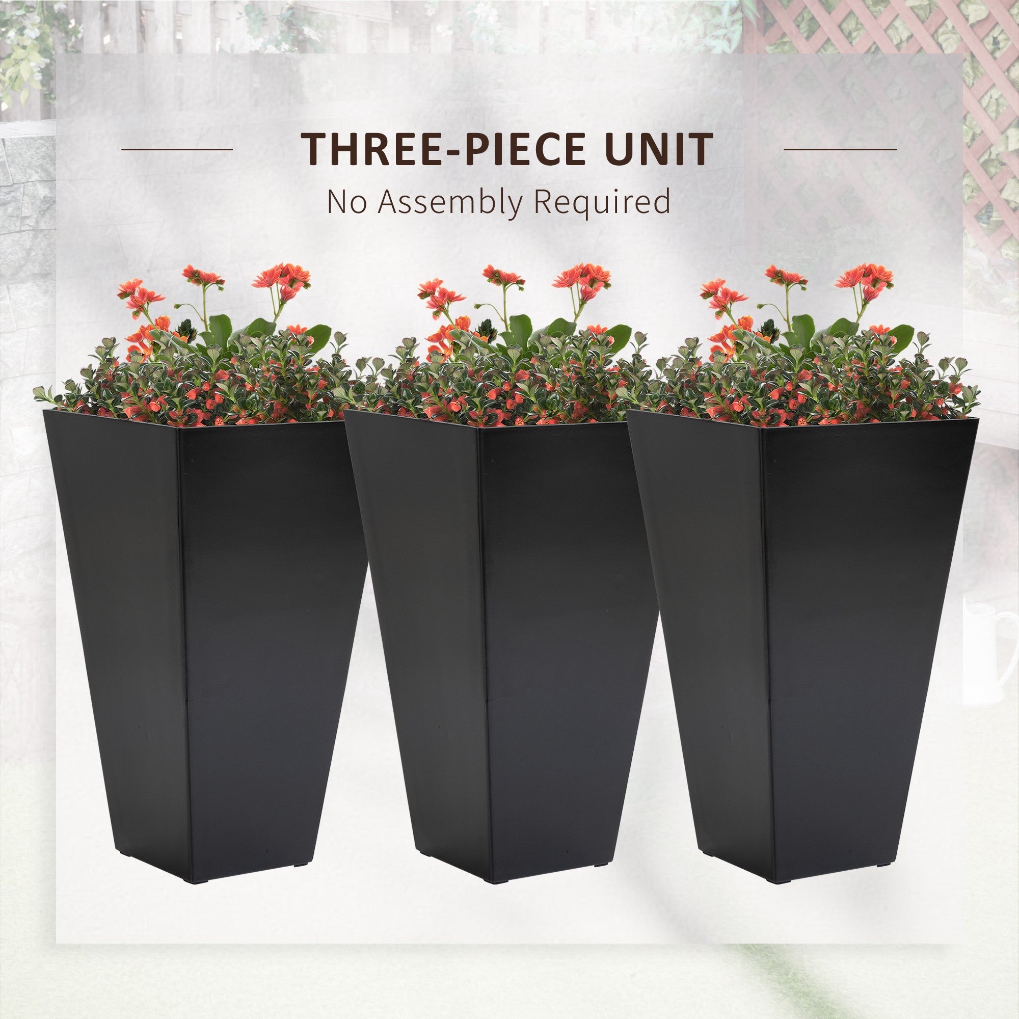 Outsunny Tall Garden Planters 28" Set of 3 Black Plastic Flower Pots for Outdoor & Indoor Stylish Entryway & Patio Decor