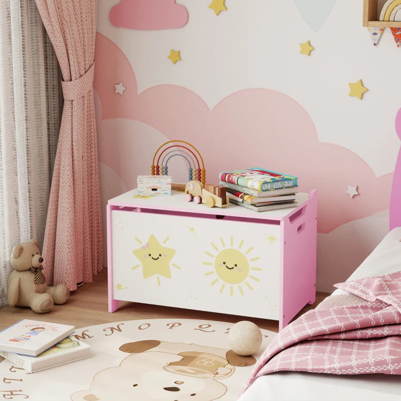 Qaba Toy Chest, Kids Storage Chest with Lid, Safety Hinges and Groove Handles for Boys, Girls, Pink